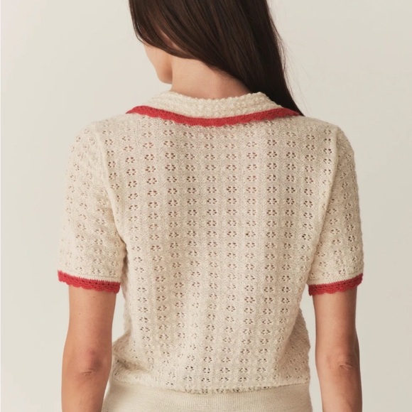 Doen Gloriana Alpaca Silk Collar Crochet Knit Button Sweater Top Moonstone Red - Picture 4 of 14